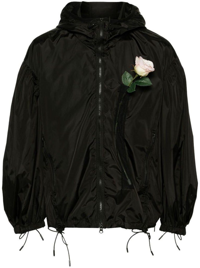 Black Floral-appliquÃ_x0083_Â© Hooded Jacket