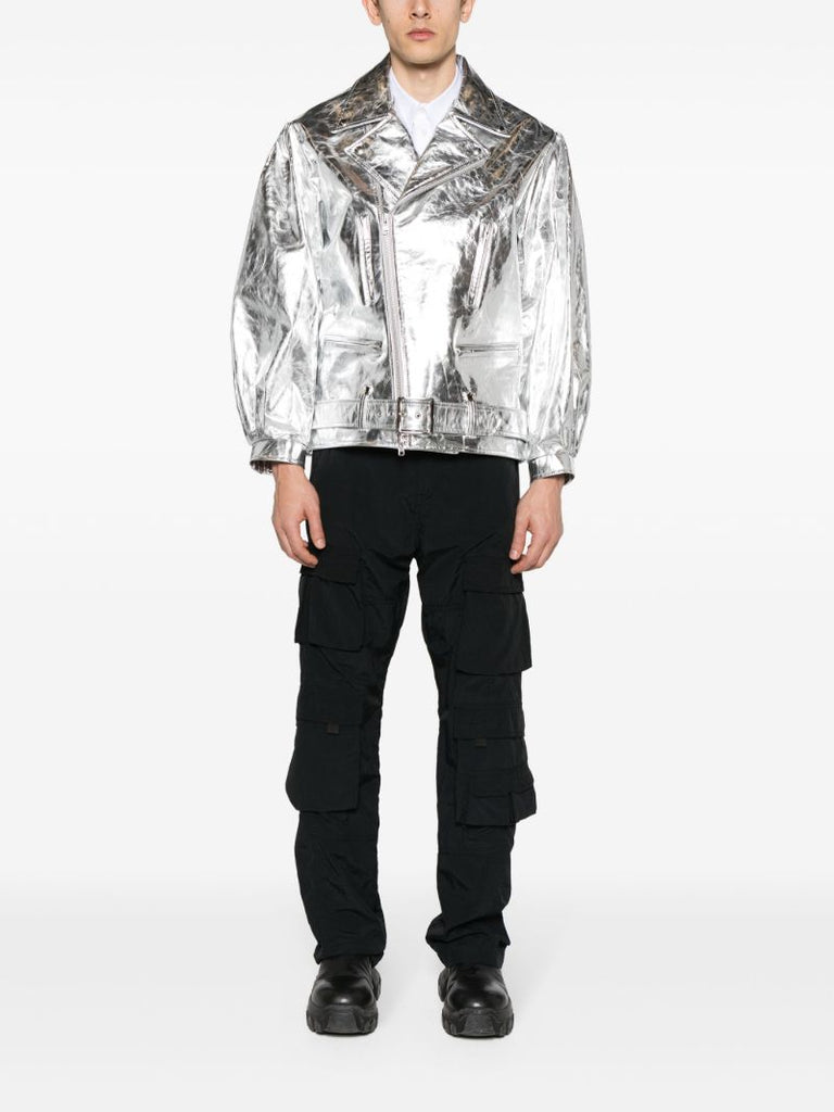 Silver Metallic Leather Biker Jacket