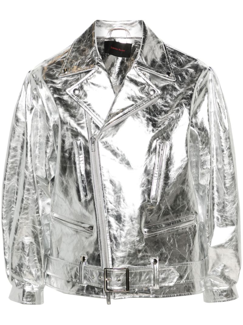 Silver Metallic Leather Biker Jacket