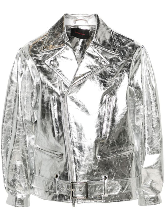 Silver Metallic Leather Biker Jacket
