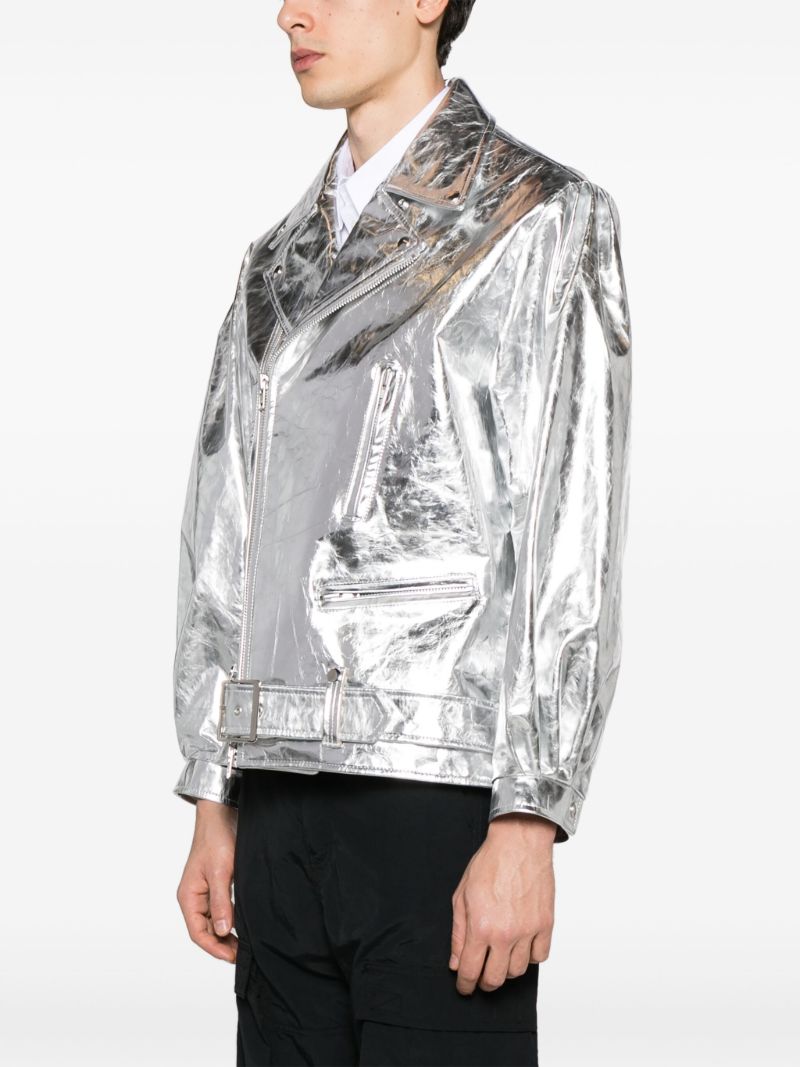Silver Metallic Leather Biker Jacket