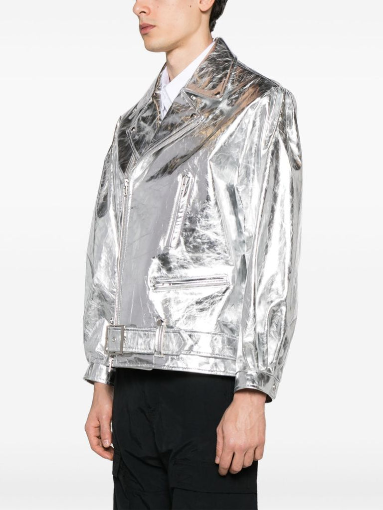 Silver Metallic Leather Biker Jacket