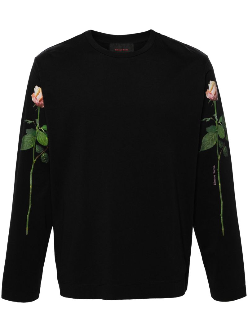 Black Floral Print Cotton T-shirt