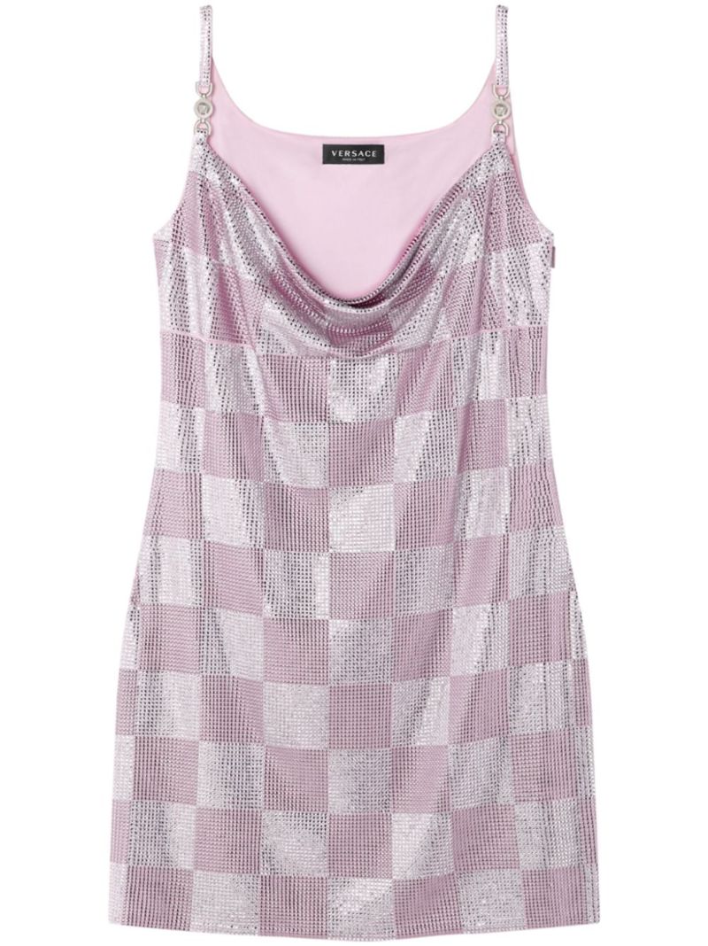 Pink Checked Rhinestone-embellished Mini Dress