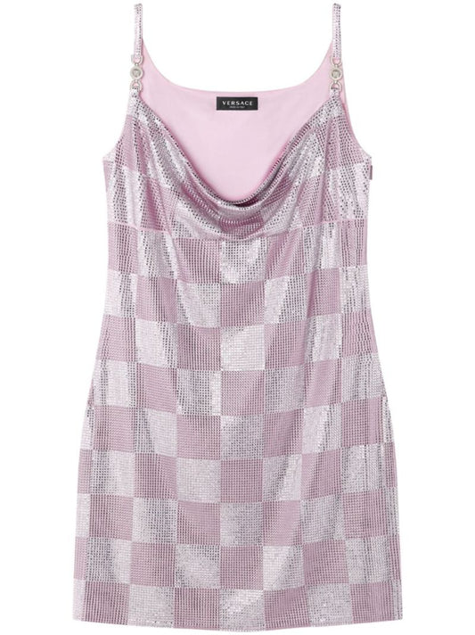 Pink Checked Rhinestone-embellished Mini Dress