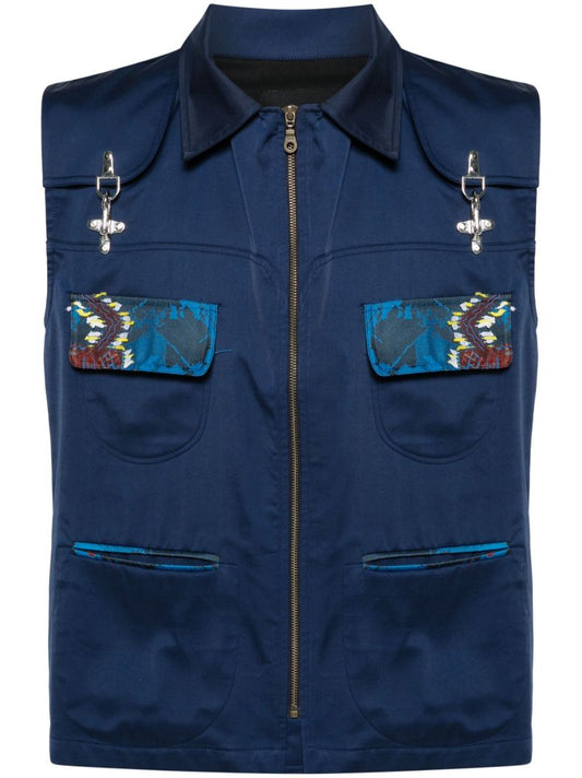 Blue Geometric-print Zip-up Gilet