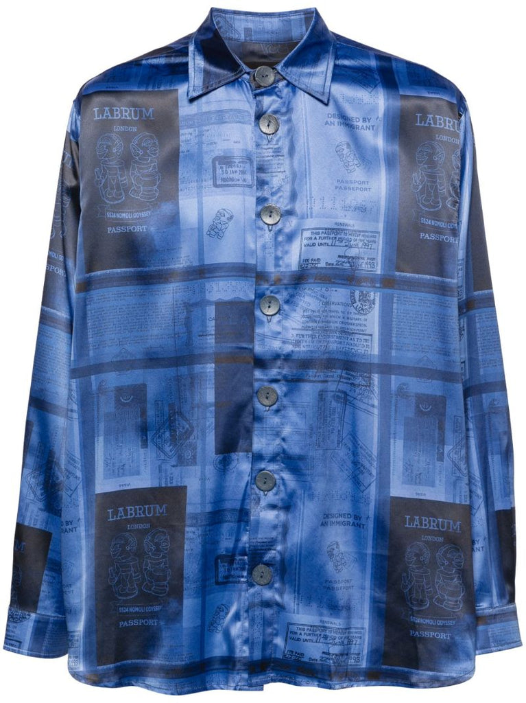 Blue Passport-print Satin Shirt