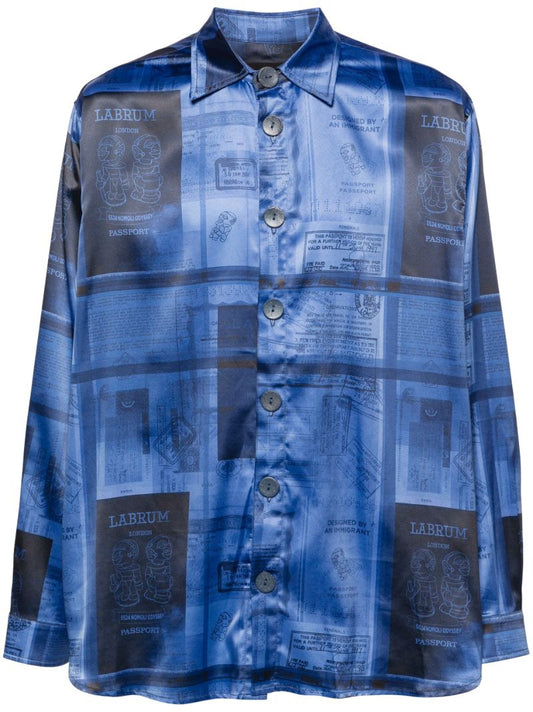 Blue Passport-print Satin Shirt