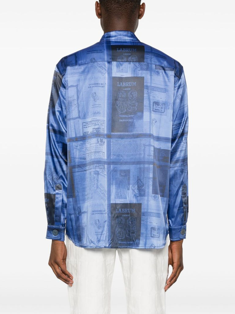 Blue Passport-print Satin Shirt