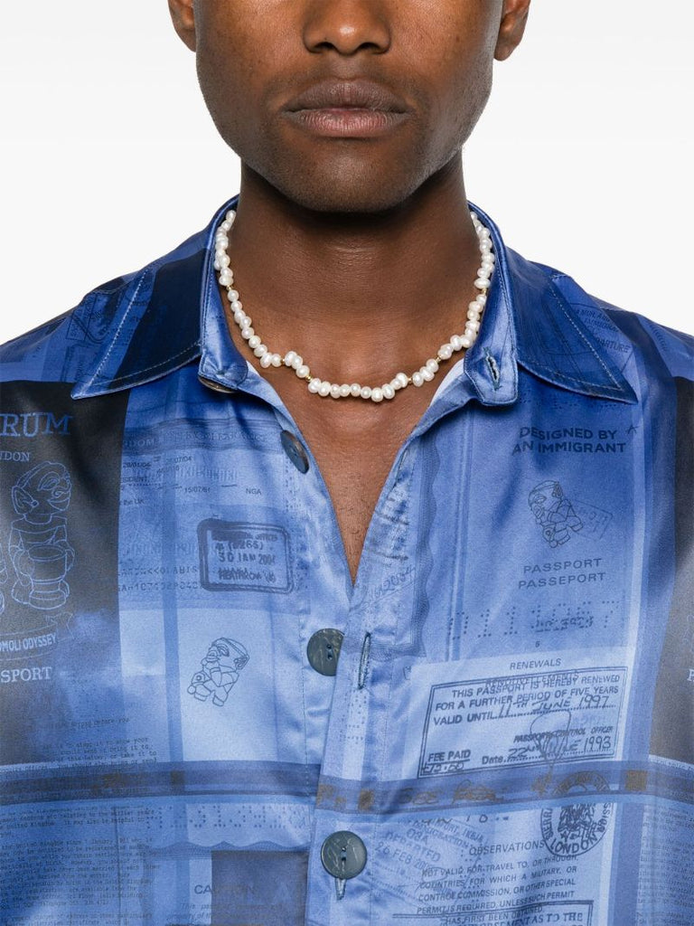 Blue Passport-print Satin Shirt
