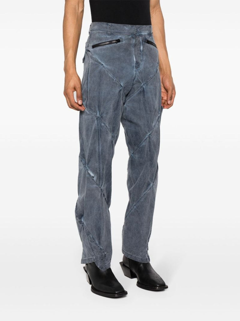 Blue Gathered Straight-leg Trousers