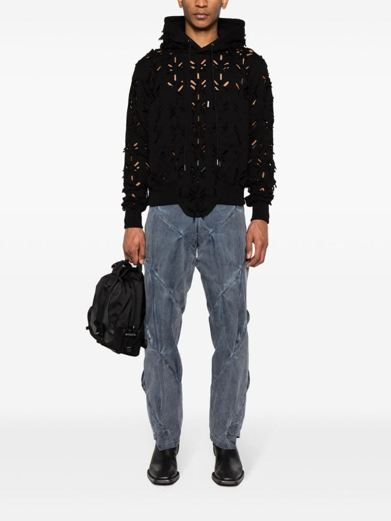 Blue Gathered Straight-leg Trousers