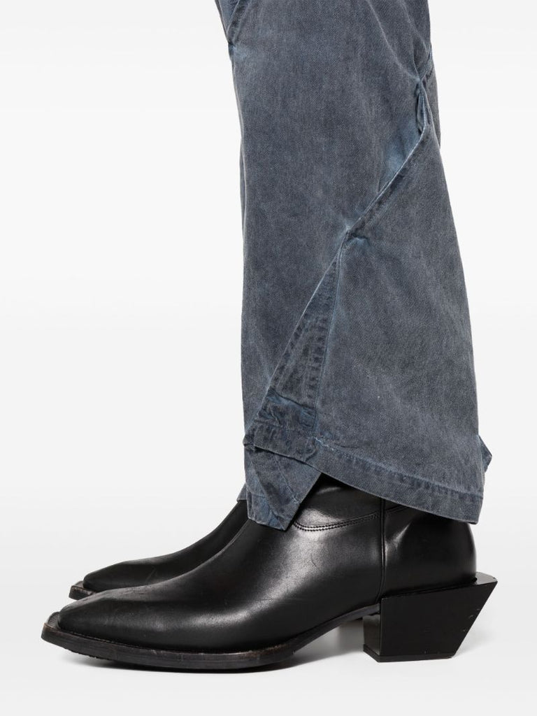 Blue Gathered Straight-leg Trousers