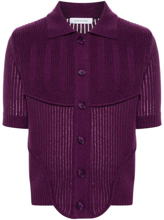 Purple Ribbed-knit Short-sleeve Cardigan