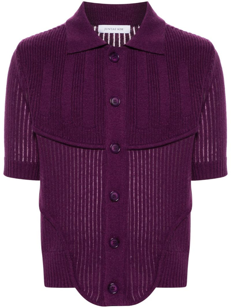 Purple Ribbed-knit Short-sleeve Cardigan