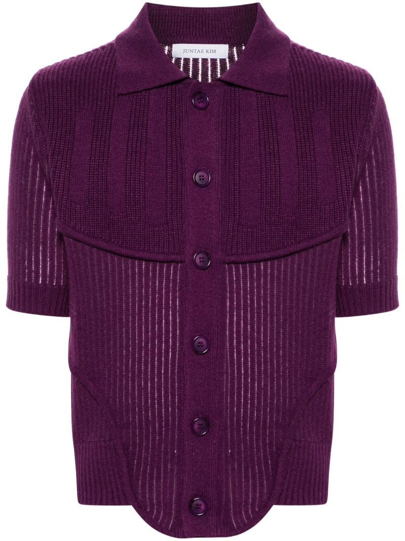 Purple Ribbed-knit Short-sleeve Cardigan