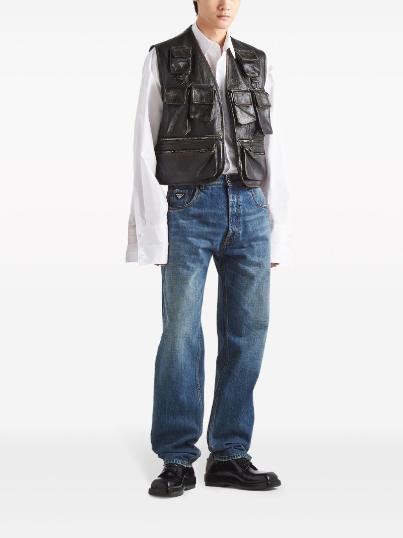 Black Leather Cargo Gilet