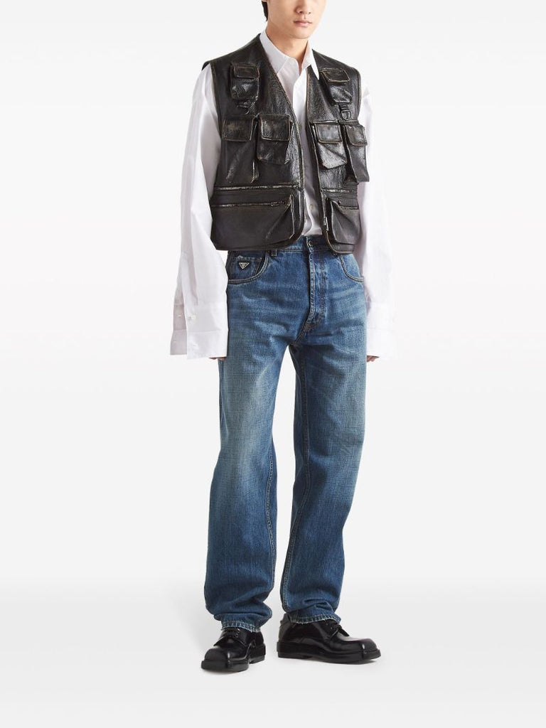 Black Leather Cargo Gilet