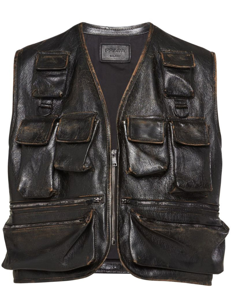 Black Leather Cargo Gilet