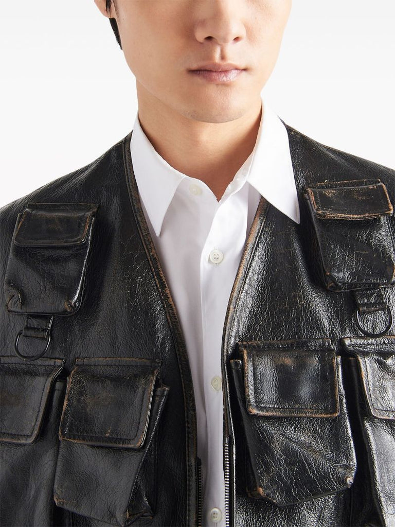 Black Leather Cargo Gilet