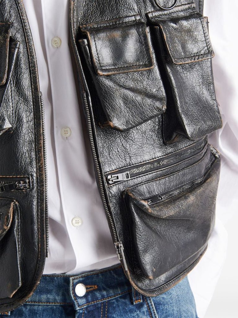 Black Leather Cargo Gilet