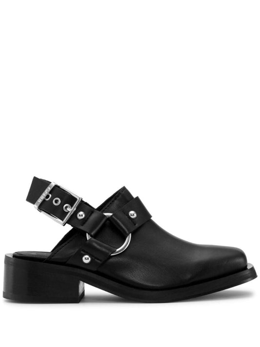 Black Biker Slingback Leather Mules