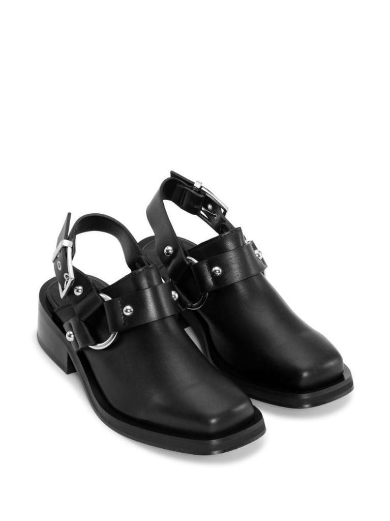 Black Biker Slingback Leather Mules