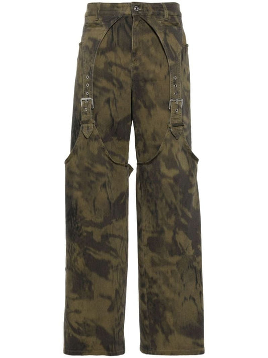 Green Buckle-detail Wide-leg Cotton Jeans