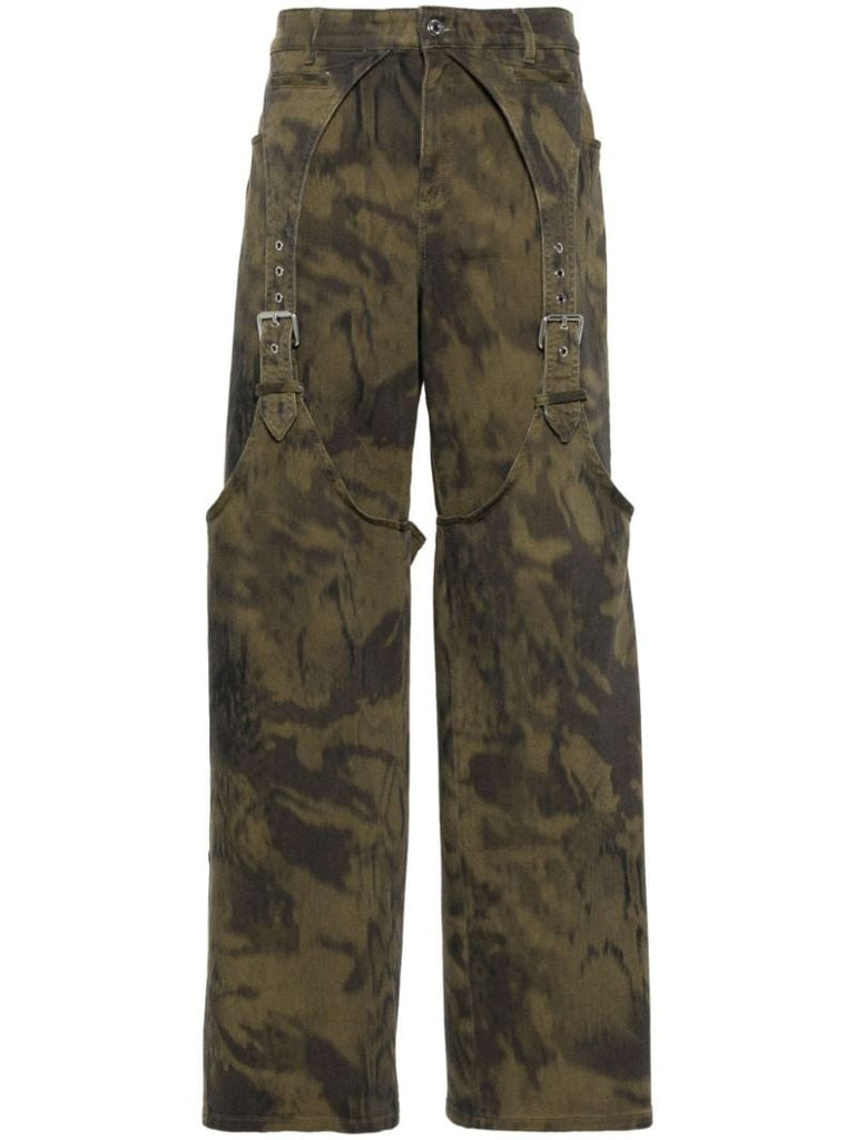 Green Buckle-detail Wide-leg Cotton Jeans