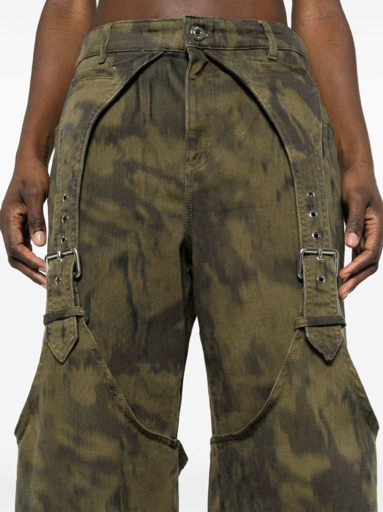 Green Buckle-detail Wide-leg Cotton Jeans