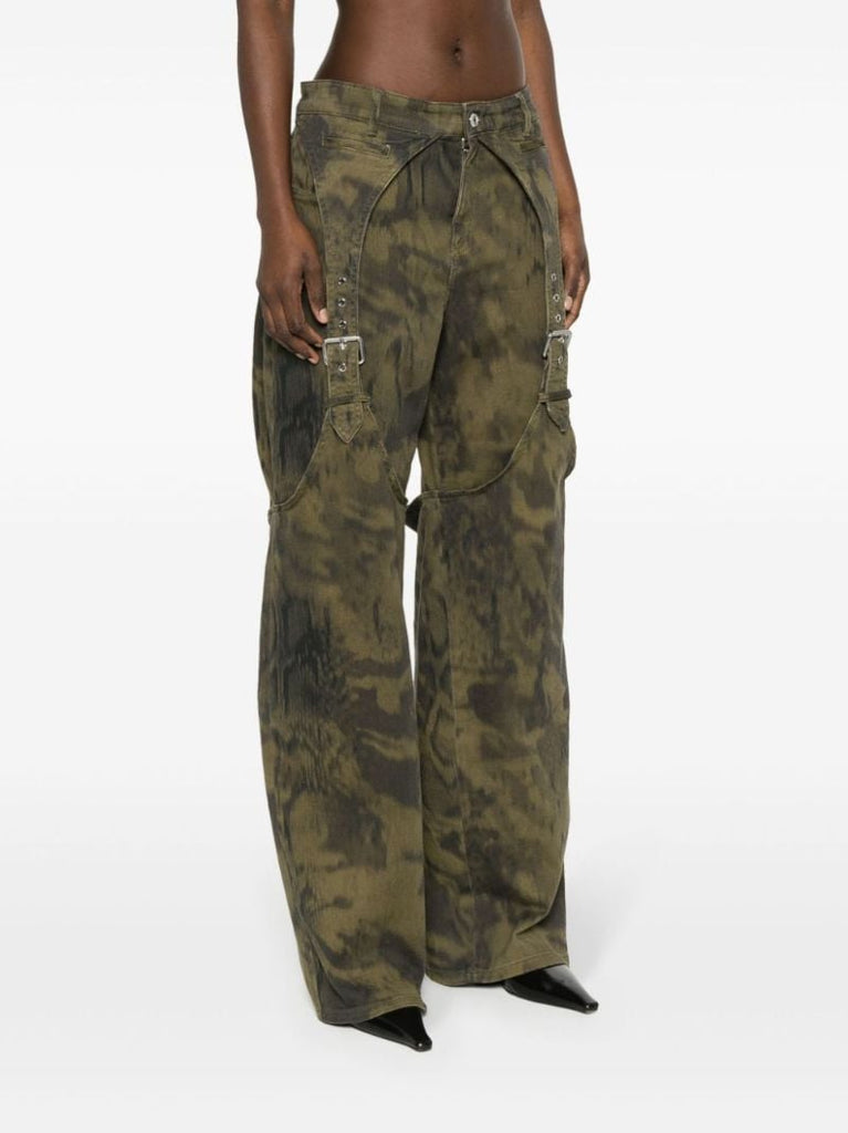 Green Buckle-detail Wide-leg Cotton Jeans