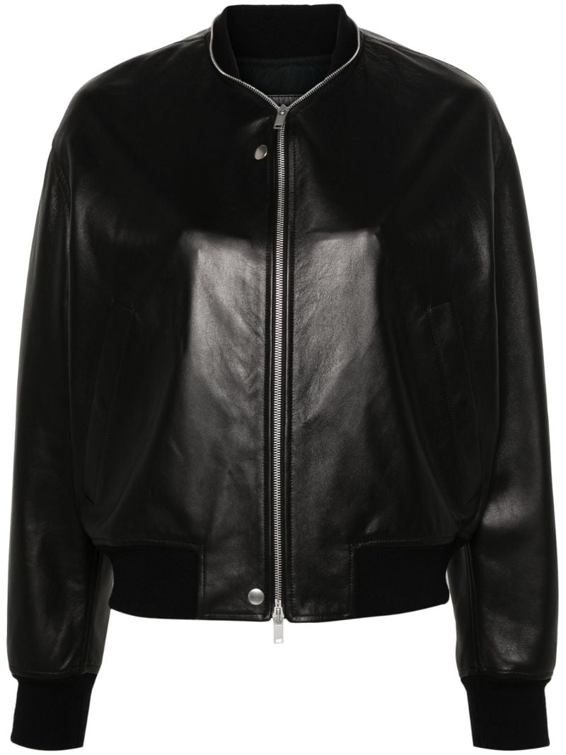Black Zip-up Leather Bomber Jacket