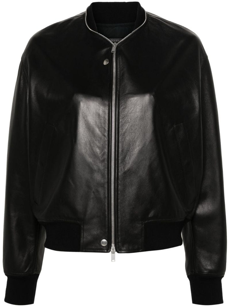 Black Zip-up Leather Bomber Jacket