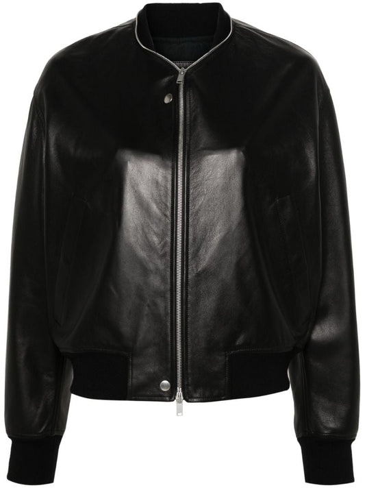 Black Zip-up Leather Bomber Jacket