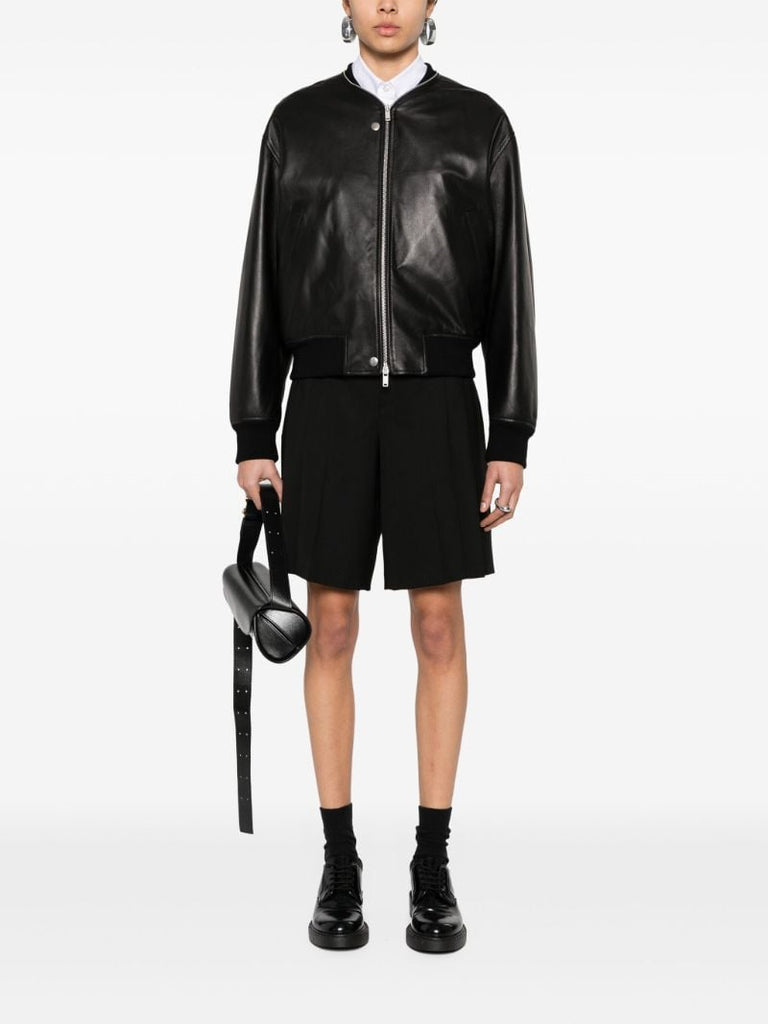 Black Zip-up Leather Bomber Jacket