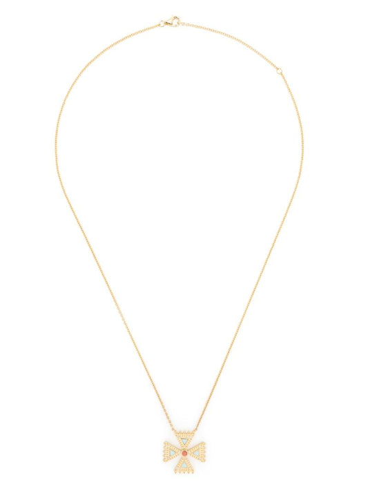 18k Yellow Gold Cross Diamond and Sapphire Pendant Necklace