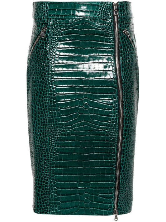 Green Embossed Leather Skirt