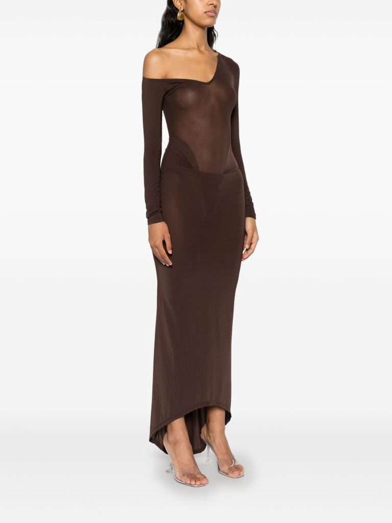 Brown Asymmetric Semi-sheer Dress