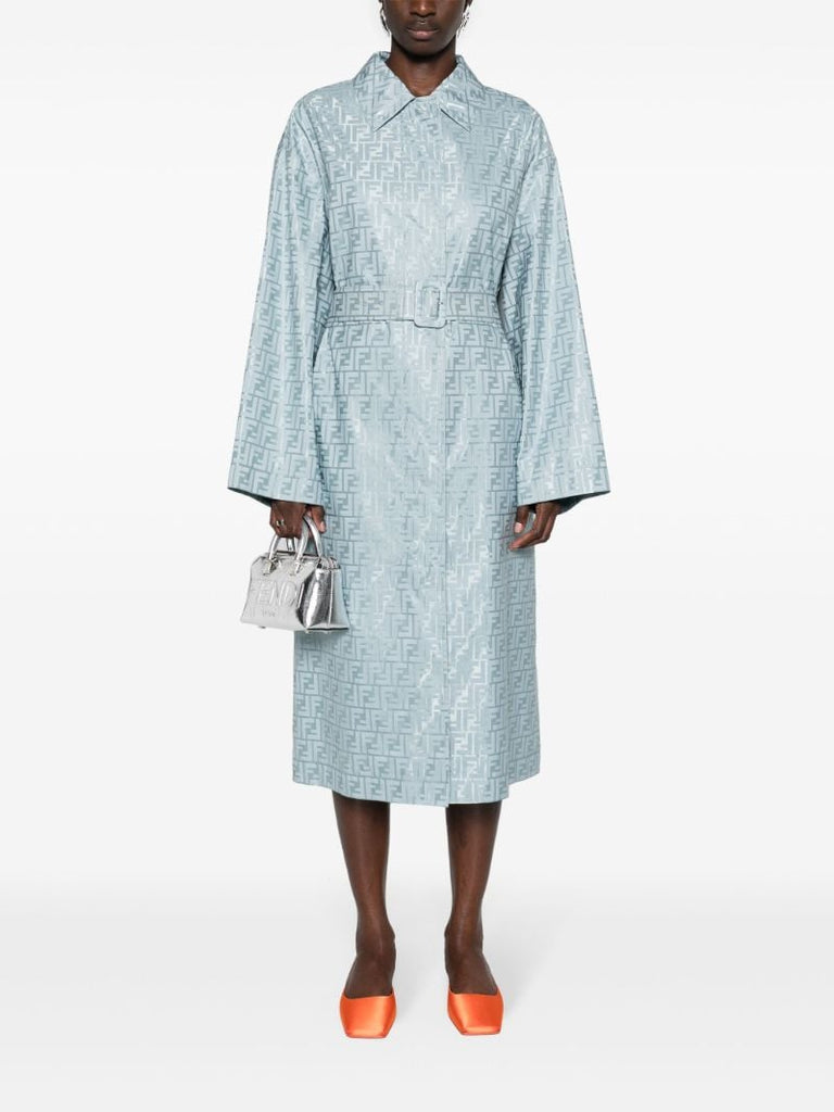 Blue Ff-jacquard Belted Trench Coat