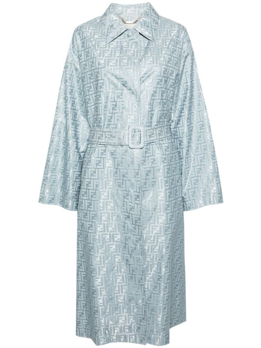 Blue Ff-jacquard Belted Trench Coat