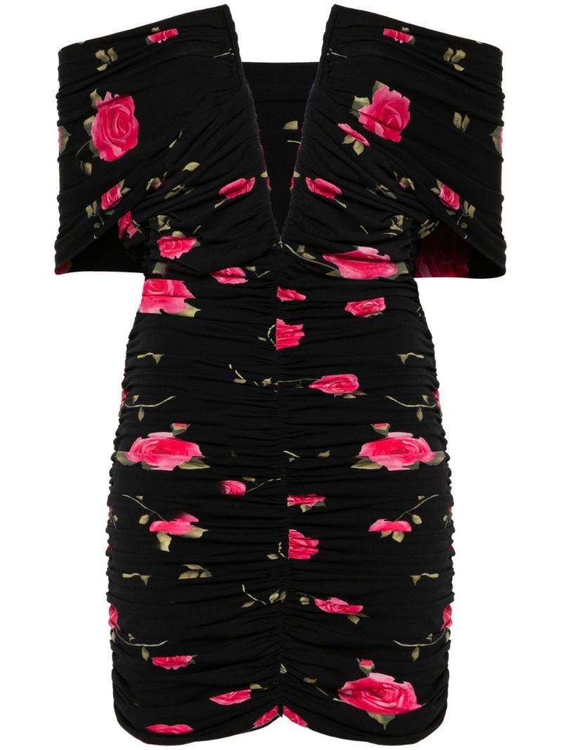 Black Floral-print Ruched Mini Dress
