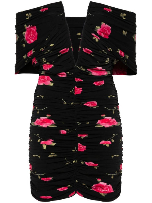 Black Floral-print Ruched Mini Dress