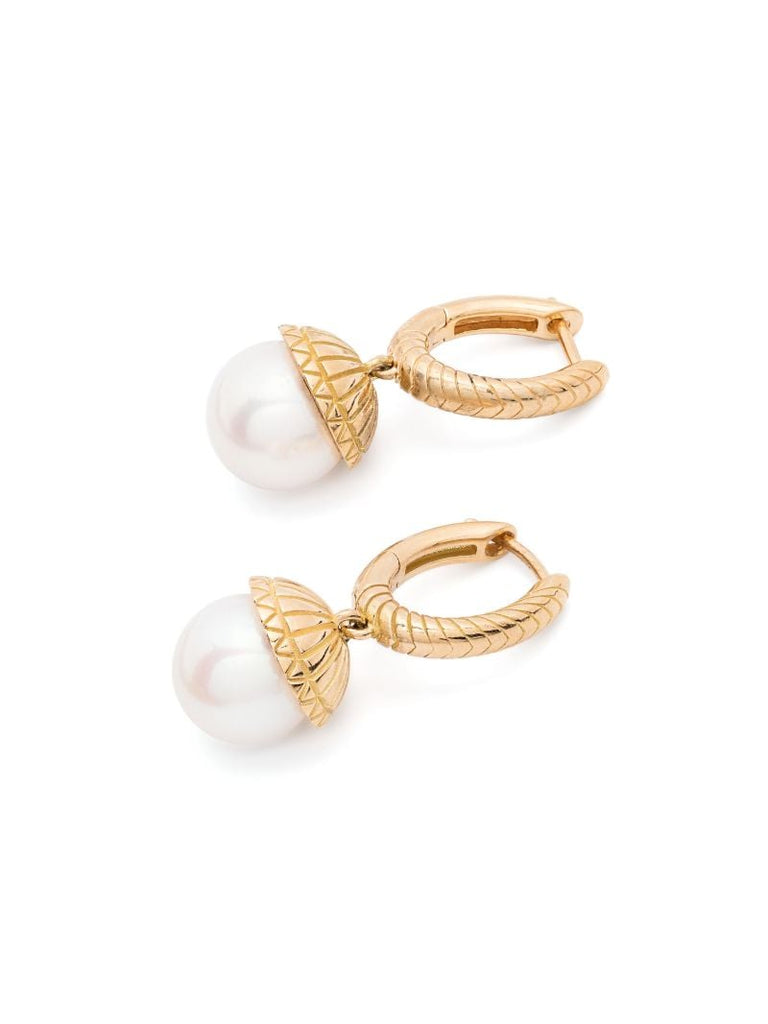 18k Yellow Gold Pearl Drop Hoop Earrings
