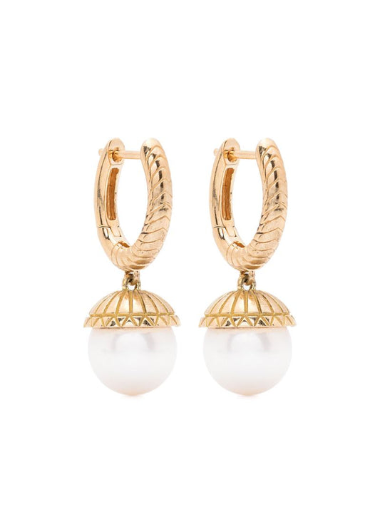 18k Yellow Gold Pearl Drop Hoop Earrings