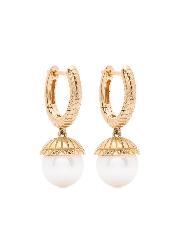 18k Yellow Gold Pearl Drop Hoop Earrings
