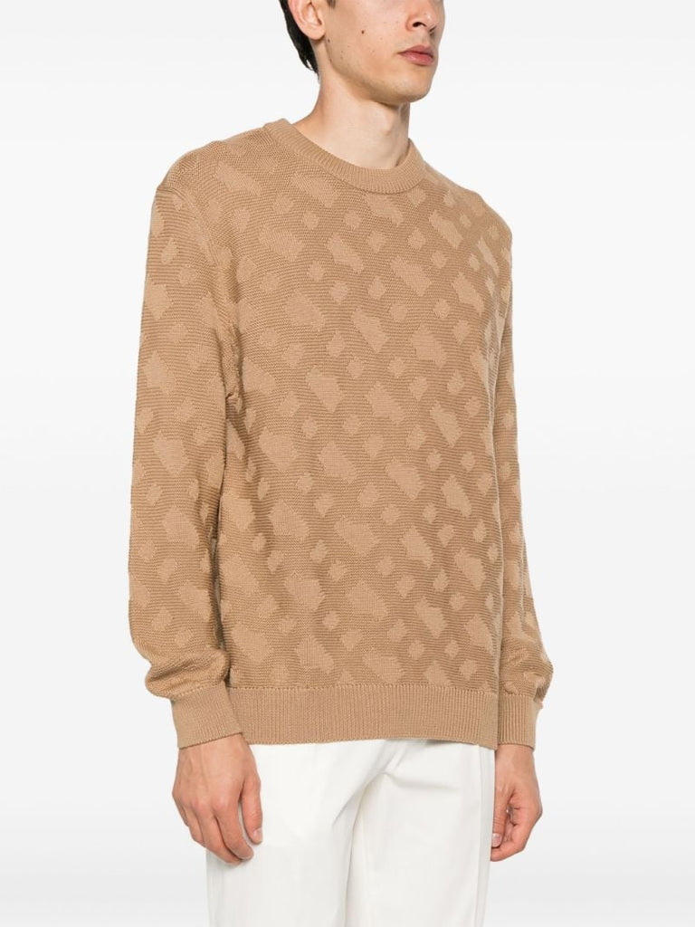 Neutral Geometric-jacquard Virgin Wool Sweater