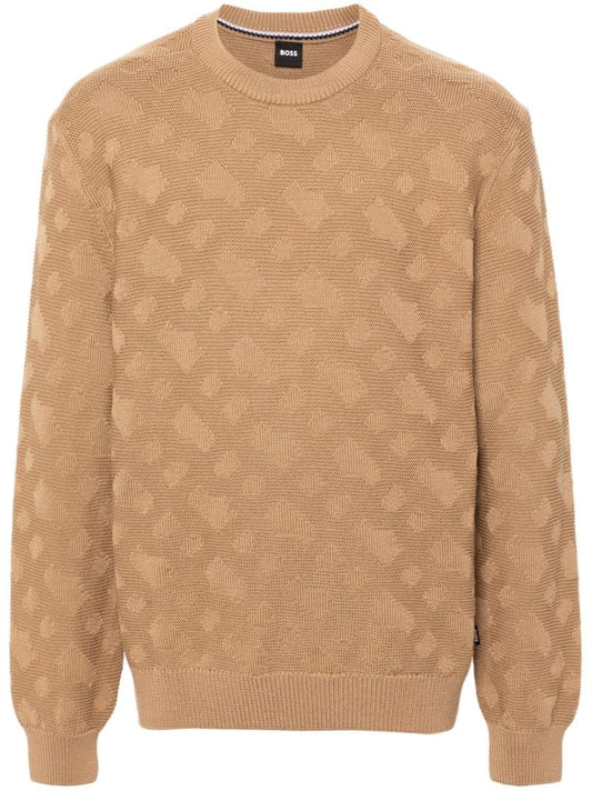 Neutral Geometric-jacquard Virgin Wool Sweater