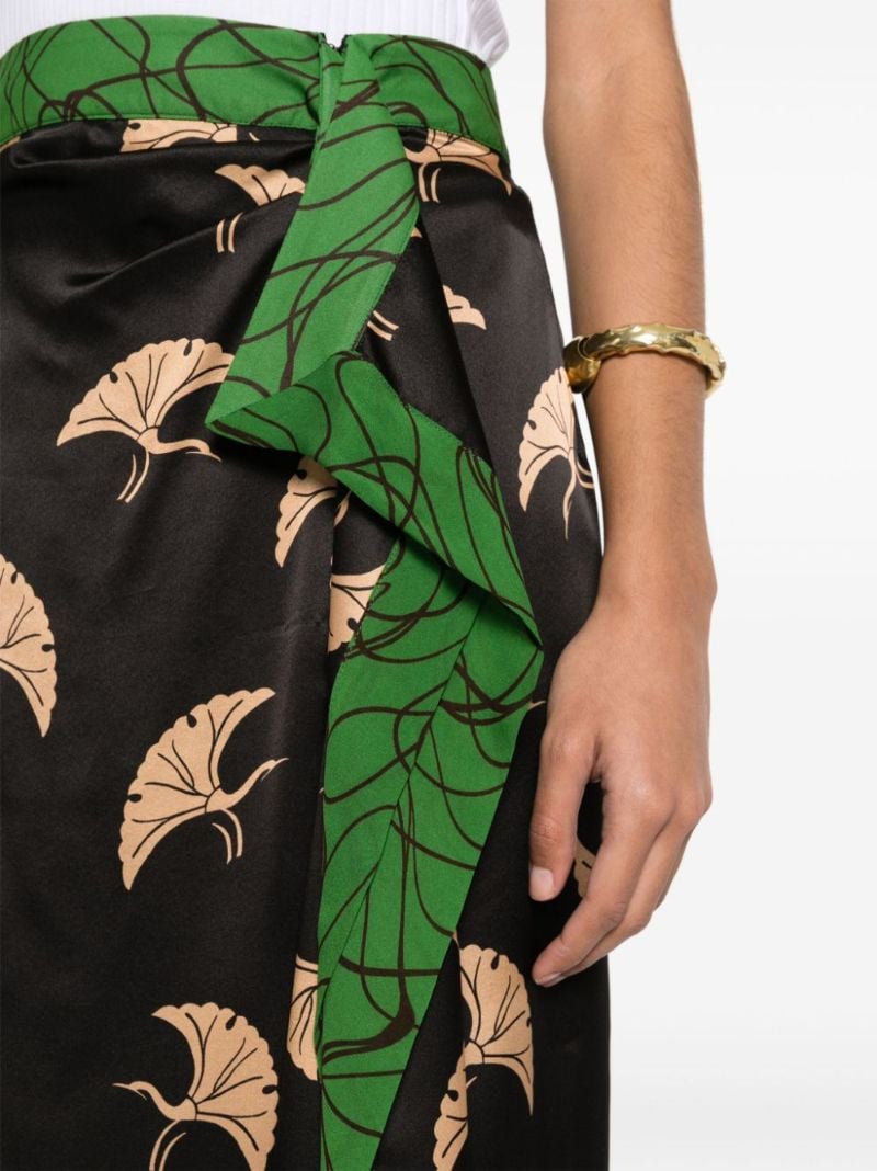 Black Bird-print Draped Satin Skirt