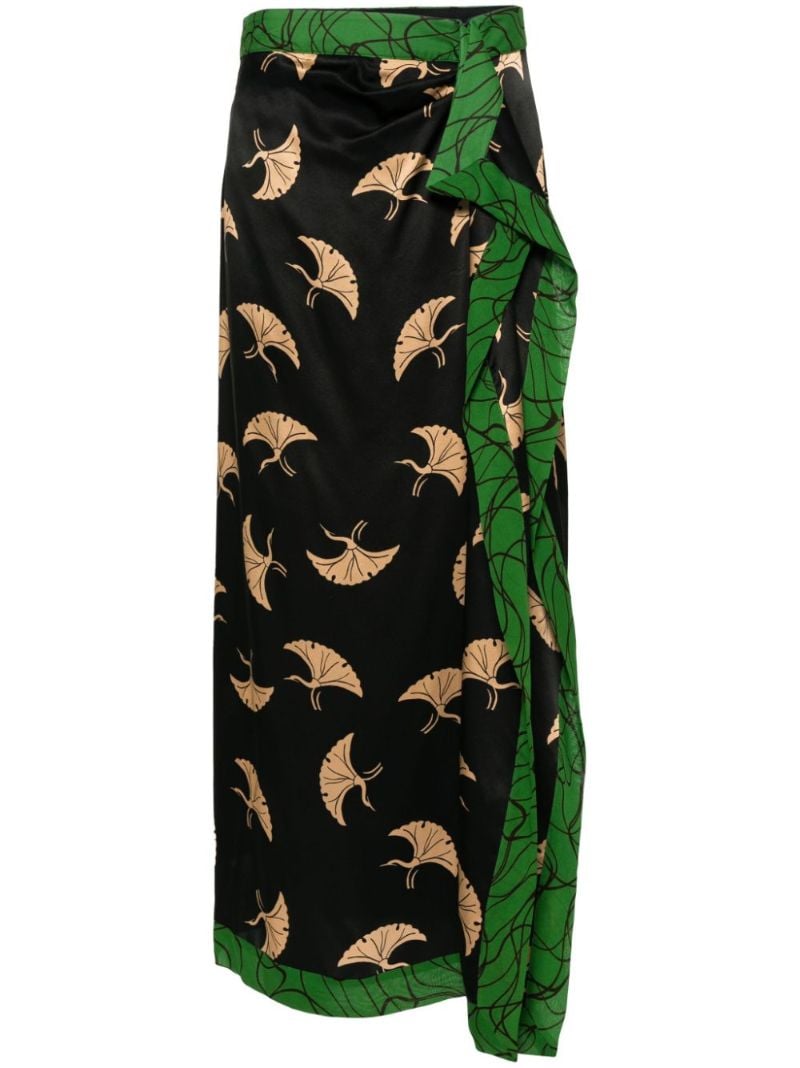 Black Bird-print Draped Satin Skirt