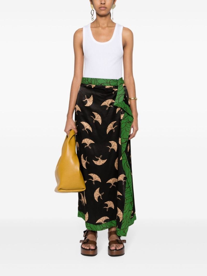 Black Bird-print Draped Satin Skirt